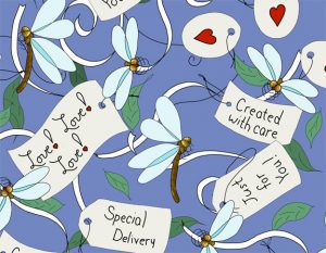 Beautiful bugs: Dragonflies and package tags on blue. Click through to purchase this design on Spoonflower.