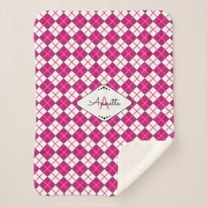 Time to snuggle up--with a cute pink and white argyle monogrammed Sherpa fleece blanket.