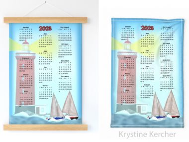 Lighthouse and sailboats 2023 calendar wall hanging and tea towel