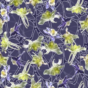 Blue and white columbines on plum batik