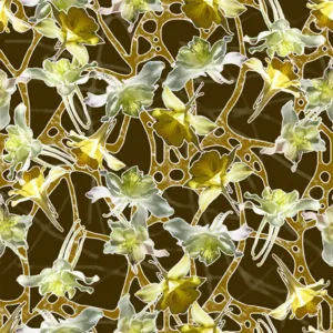 White and yellow columbines on espresso and gold batik.